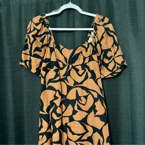 Tan and Orange Puff Sleeve Midi Sundress